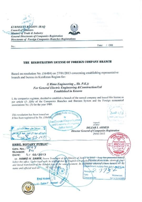 Certificate of Registration in Erbil