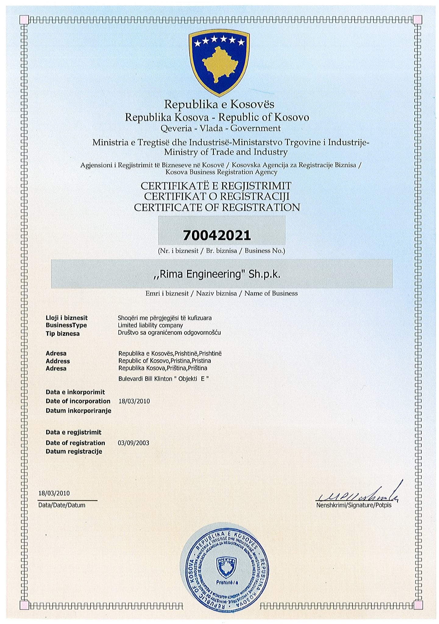 Certificate of Registration in Kosovo